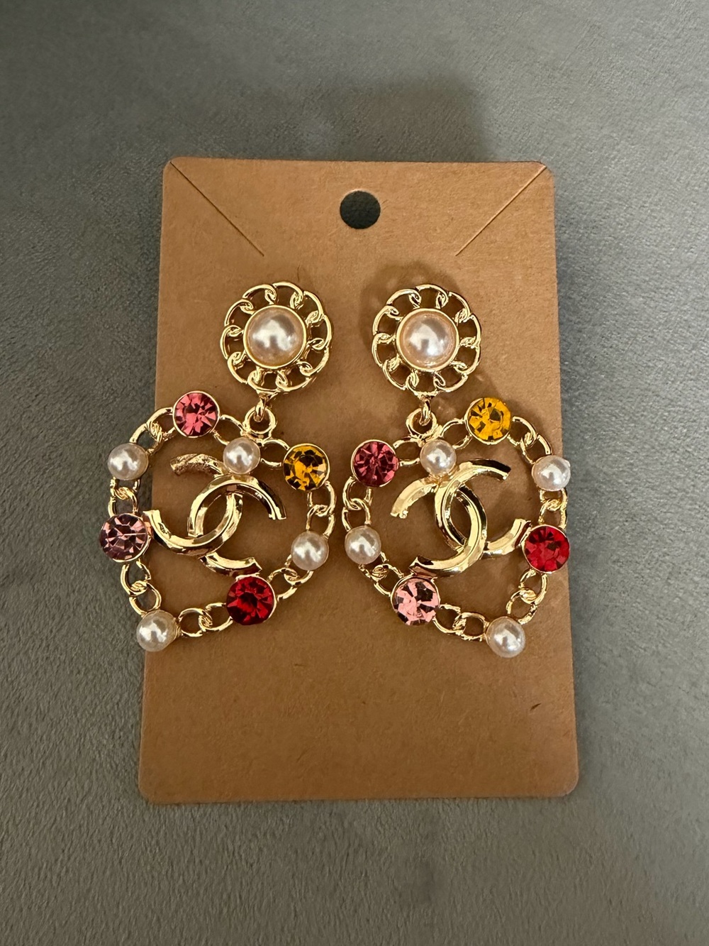 CHANEL Gold-Tone Multi-Color Crystal & Pearl Drop Earrings